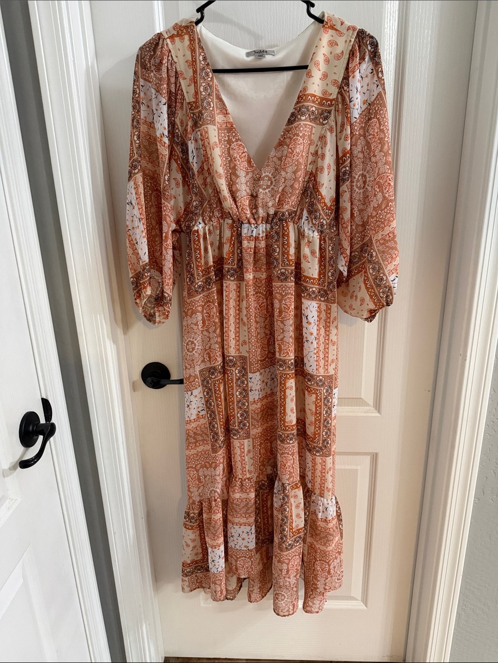 Rust and Cream V-Neck Patchwork Maxi Dress